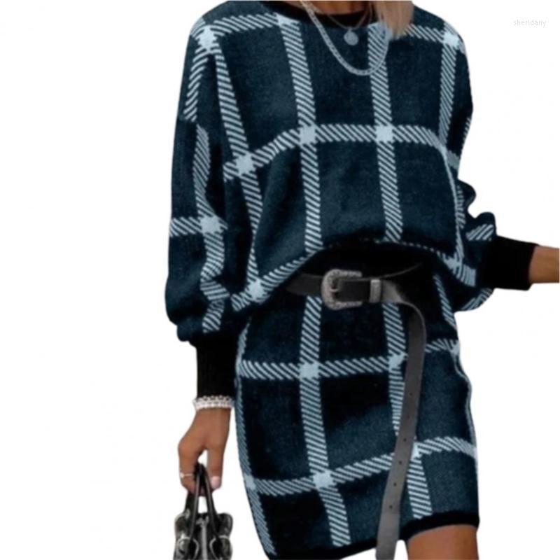 Two Piece Dress Stylish Sweater Skirt O Neck Ladies Women Pullover Loose-fitting Thick Blouse SkirtTwo