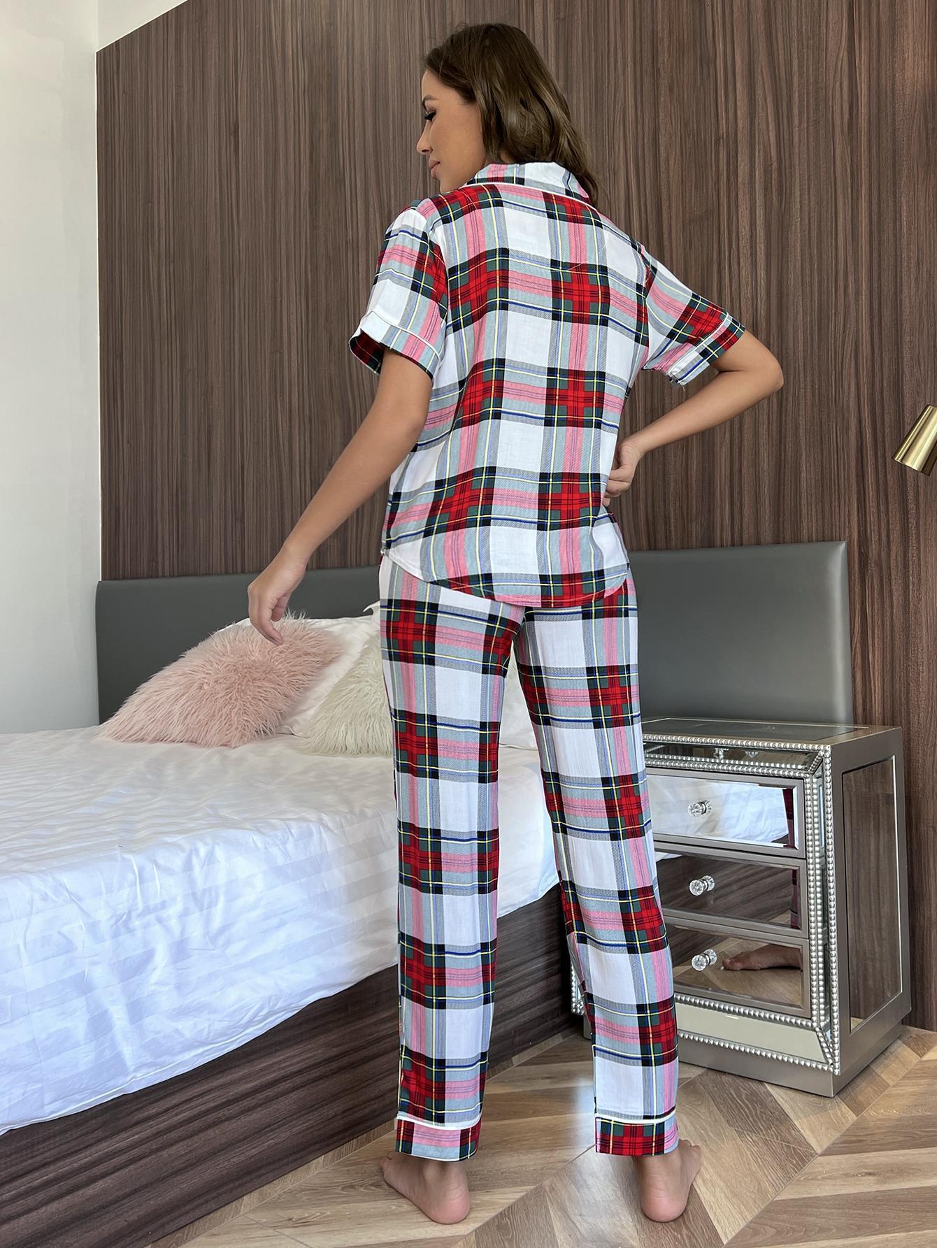 Women's Sleepwear Pajamas home clothes women's summer plaid cardigan short sleeve trousers suit RM57-Plaid 230428