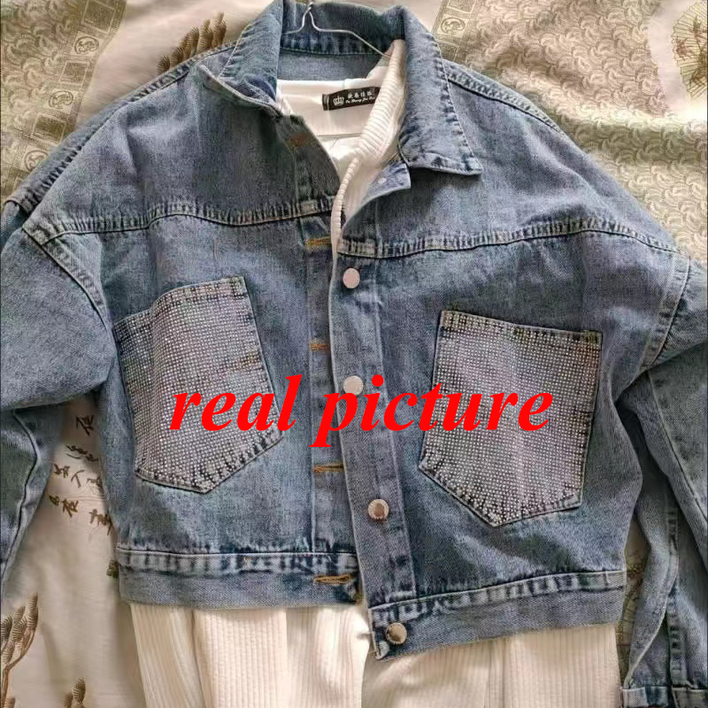 Women's Jackets Rimocy Crystal Pocket Cropped Denim Jackets Women Autumn Long Sleeve Loose Jacket Woman Button Up Streetwear Jean Outwear 230428