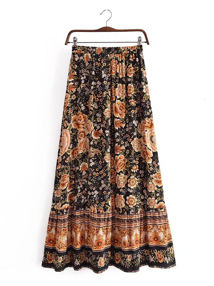 Skirts Summer Fashion Elegant Black Floral Print Beach Bohemian Pleated Skirt Vintage Lady High Waist A-Line Rayon Maxi Boho Skirts 230428