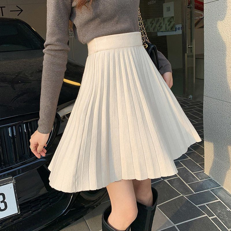 Skirts Women Skirt Short Green Beige Black Knitted Pleated Skirt A-Line High Waist Korean Spring Autumn Winter Skirt mujer faldas 230428