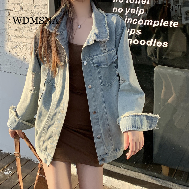 Women's Jackets WDMSNA Loose Denim Jacket Women Spring Single Breasted Casual Hole Street Jacket Top Jeans Long Sleeve Lapel Jacket Women 230428
