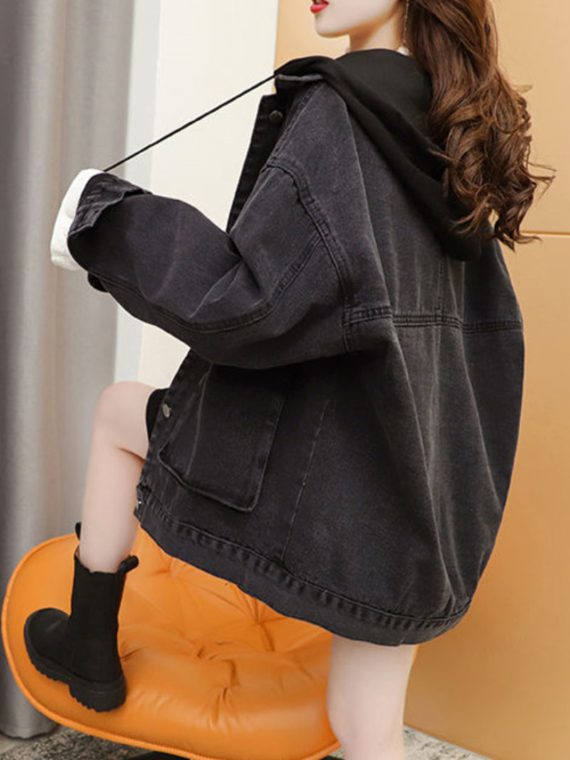 Women's Jackets Streetwear Black Denim Jackets Women Korean Fashion Patchwork Hooded Spring Jacket Casual Chaquetas Veste Jeans Femme 230428
