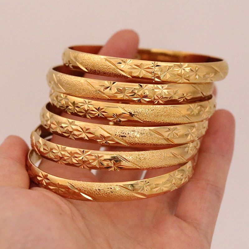 Bangle 8MM 6 Buah Lot Gelang Emas Dubai untuk Wanita Pria 24K Warna Ethiopia Perhiasan Afrika Hadiah Pernikahan Pengantin Arab Saudi 230427