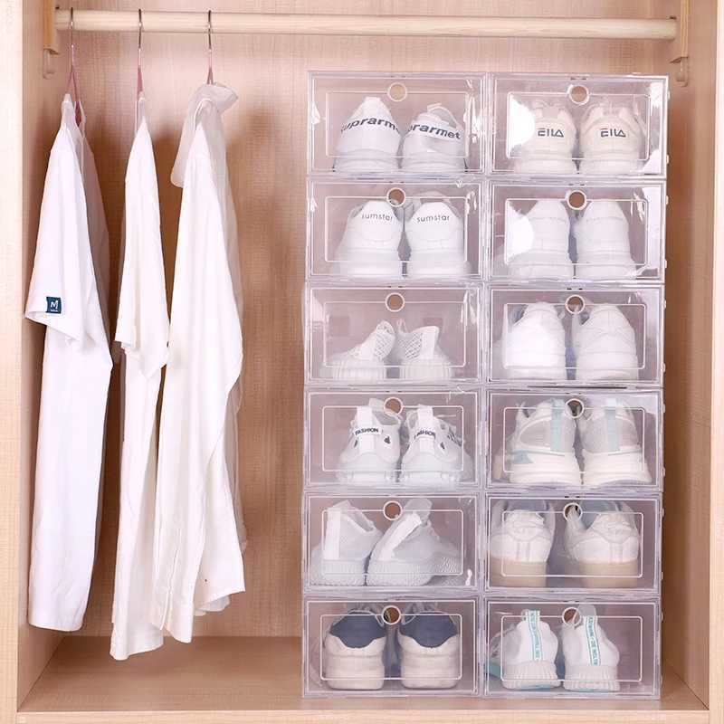 Boxes Bins US Clear Shoe Box Set Foldable Storage Plastic Transparent Door Home Closet Organizer Case Shelf Stack Display W0428