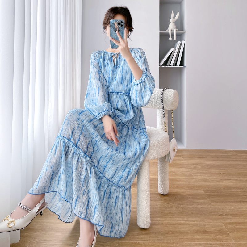 Maternity Dresses Elegant Maternity Women Dress Long Sleeves Pleated Chiffon Printing Loose Pregnant Winter Autumn Fashion Long Dress 230428CJ