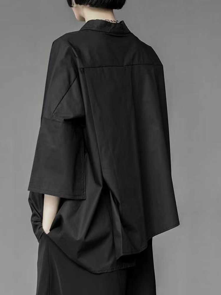 Women's Blouses Shirts Black Shirts New Summer Loose Unique Short-sleeved Women Irregular Three-quarter Sleeve Handsome Unisex White Blouse Women