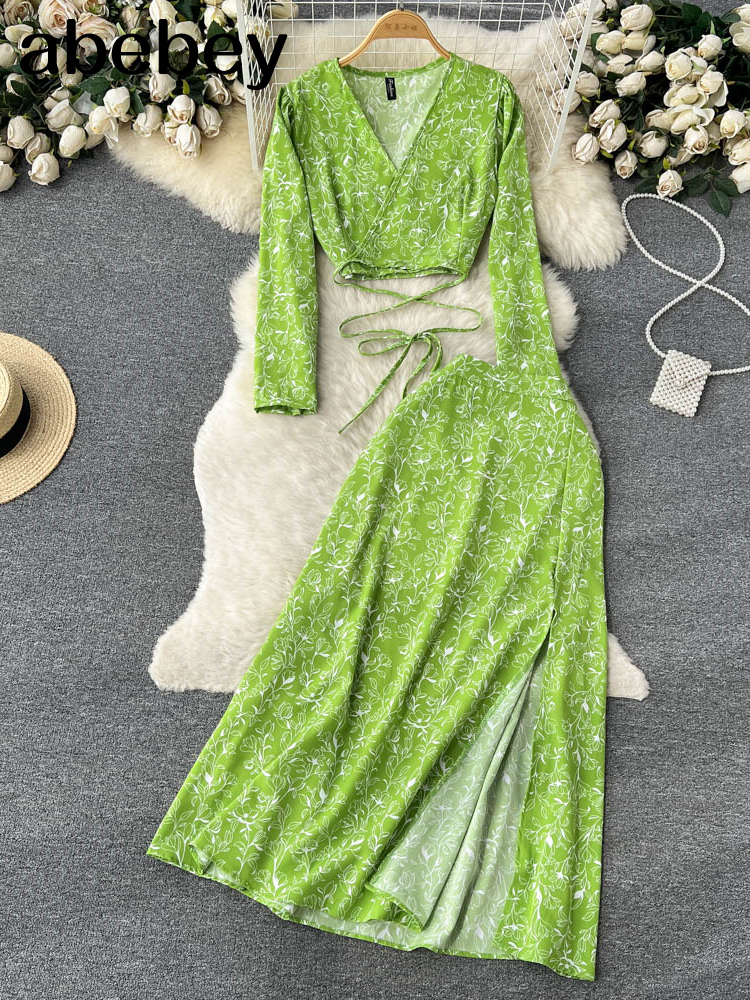 Two Piece Dress Women Chiffon Vacation Bohemian Two Pieces Suits Summer Lace Up Top Split Long Skirt Sets Y2K Floral Print Beach Sets 230428
