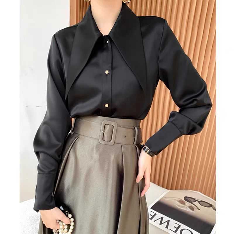 Women's Blouses Shirts Long Sleeve White Satin Blouse Women Autumn Fashion Loose Vintage Button Shirt Women Clothing Korean Chic Lapel Office Lad