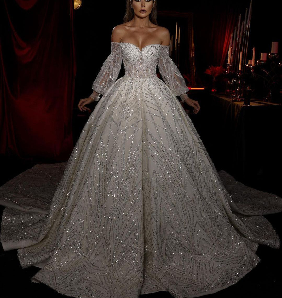 Elegant Ball Gown Wedding Dresses Long Sleeves V Neck Off Shoulder Lace-up Sequins Applique Ruffles Diamonds Bridal Gowns Formal Dress Custom Made Ves