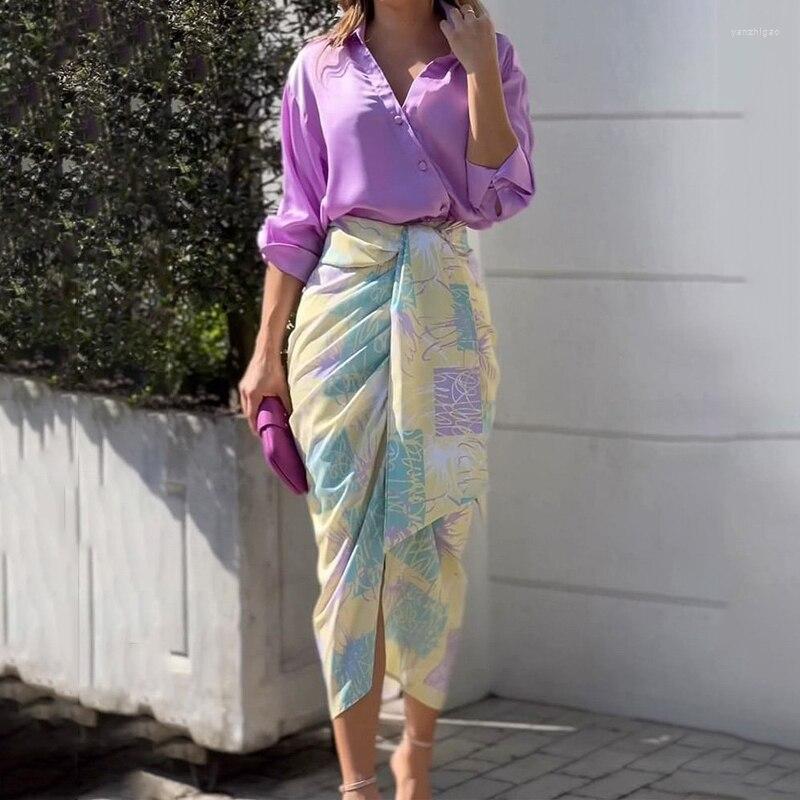 Women's Two Piece Pants Sets Skirt Outfit Women Printed Button Down Shirt Blouse High Waist Midi Bodycon Skirts Suit Female Office Lady