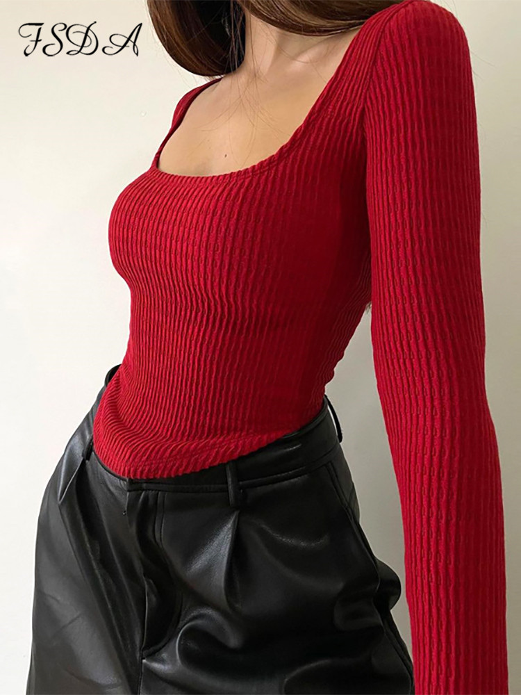 Women's T-Shirt FSDA Red Square Neck Long Sleeve T Shirts Women Basic Skinny Casual Autumn Winter Sexy Crop Top Streetwear Y2K Ruched 230428