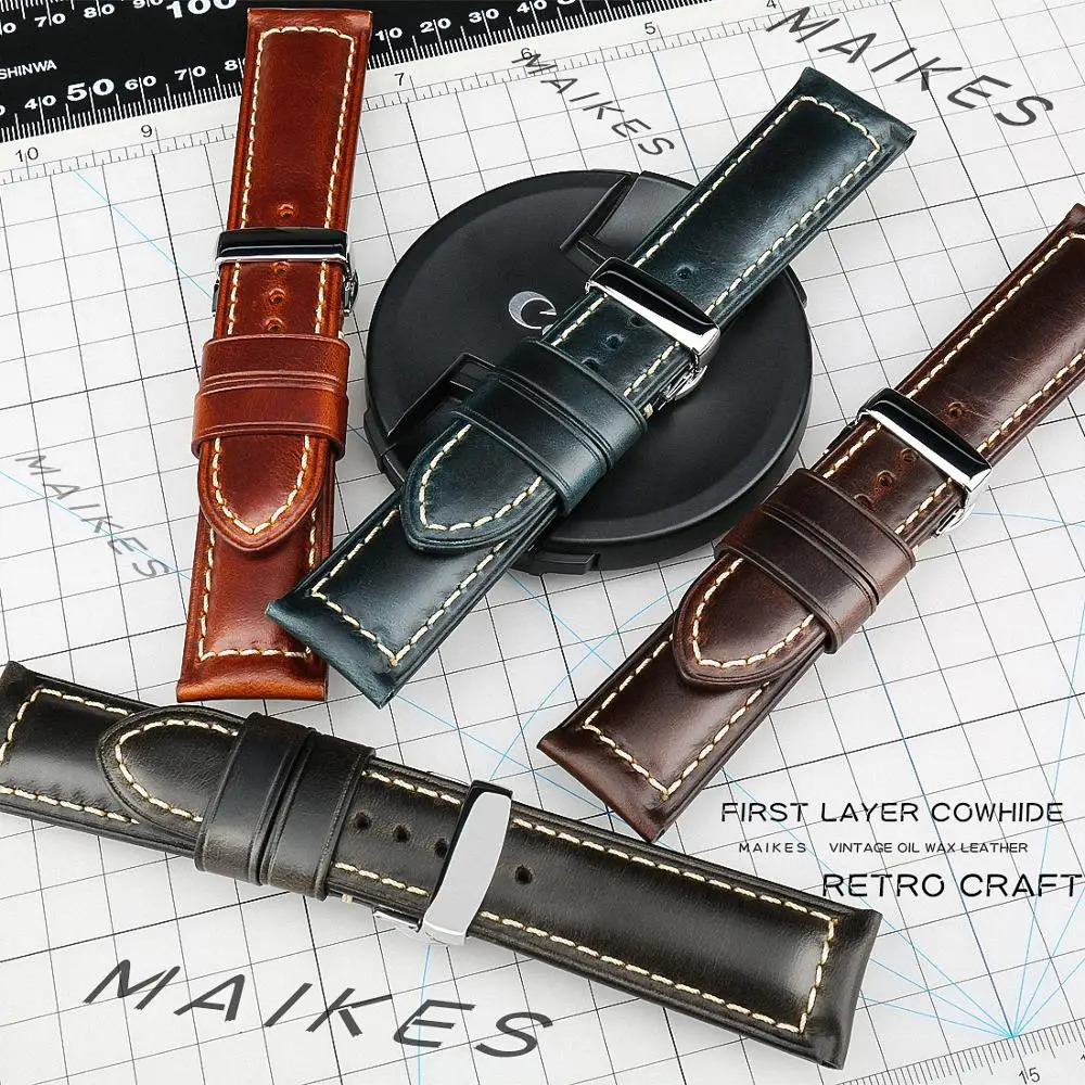Watch Bands Maikes Handmade Genuine Leather Watchbands 18mm 20mm 22mm 24mm Universal Butterfly Buckle Watch Strap Brown Men Smart Watch Band 231128