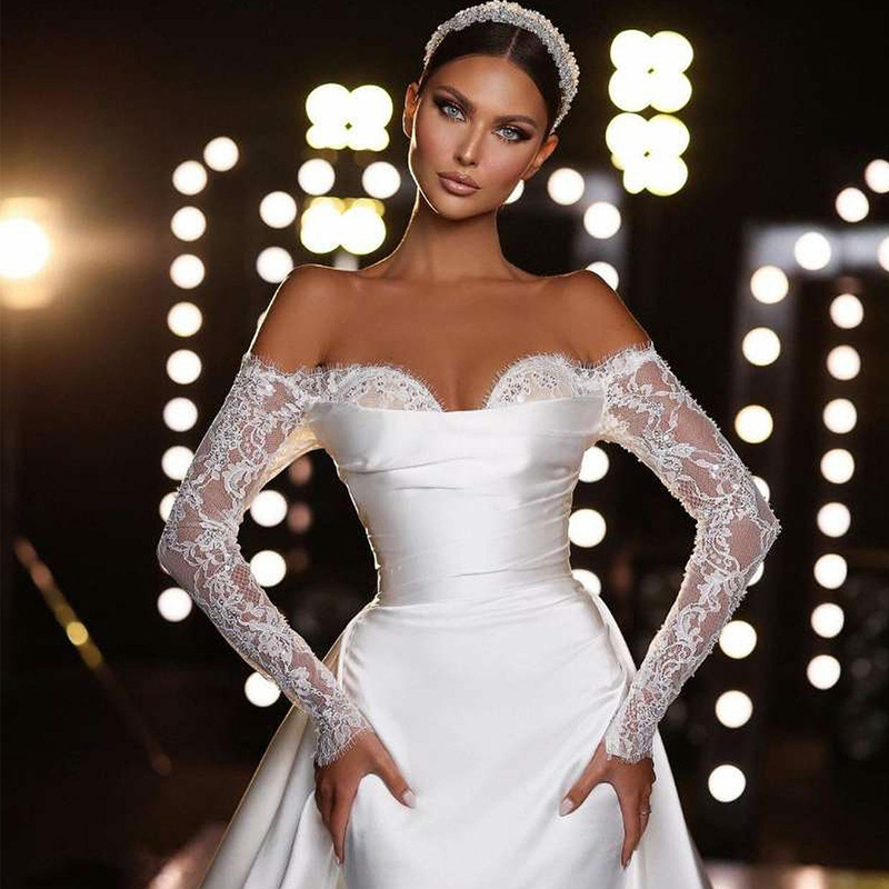 Off Shoulder Satin Mermaid Wedding Dresses Lace Sleeve Detachable Train Bridal Gown Cowl Neck vestidos de novia