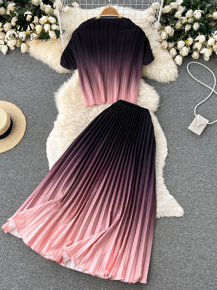 Two Piece Dress SINGREINY Pleated Gradient Women Summer Set Casual Temperament Elastic Waist Elegant Ladies A Line Chic Two Piece Sets 230428
