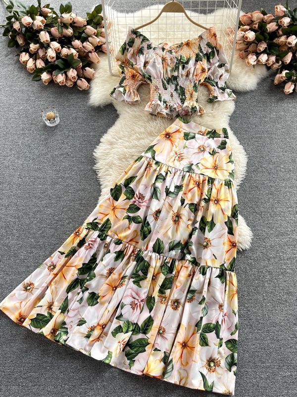 Two Piece Dress Summer Holiday Flower Print Two Piece Sets Women's Sexy Off-shoulder Crop Top High Waist Long Skirt Boho Beach Set Suit M7362# 23