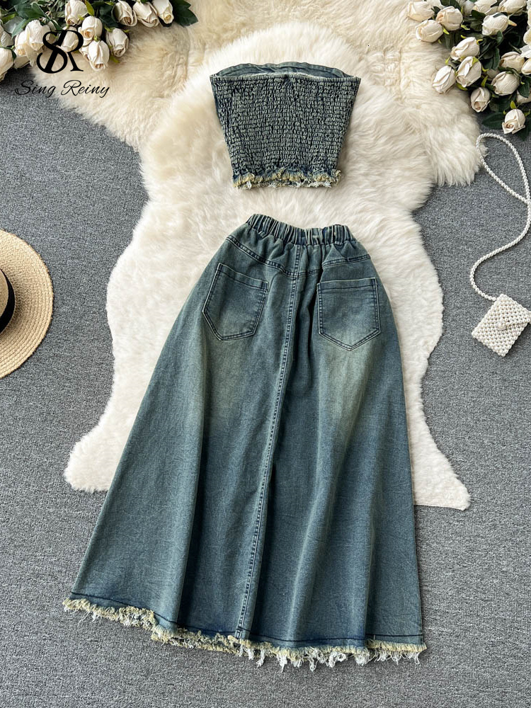 Two Piece Dress SINGREINY Retro Sexy Denim Two Pieces Suits Female Elastic Sheath Mini Strapless Tank TopMidi Long Skirt Women Summer Sets 230428