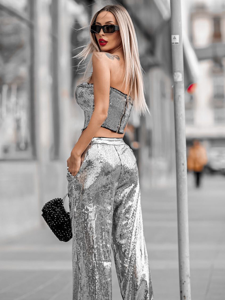 Women s Two Piece Pants VC Pakaian Klub Pesta Selebriti Tanpa Lengan Seksi Set Dua Potong Payet Perak Atasan Crop Tali Setelan Celana Panjang 230427