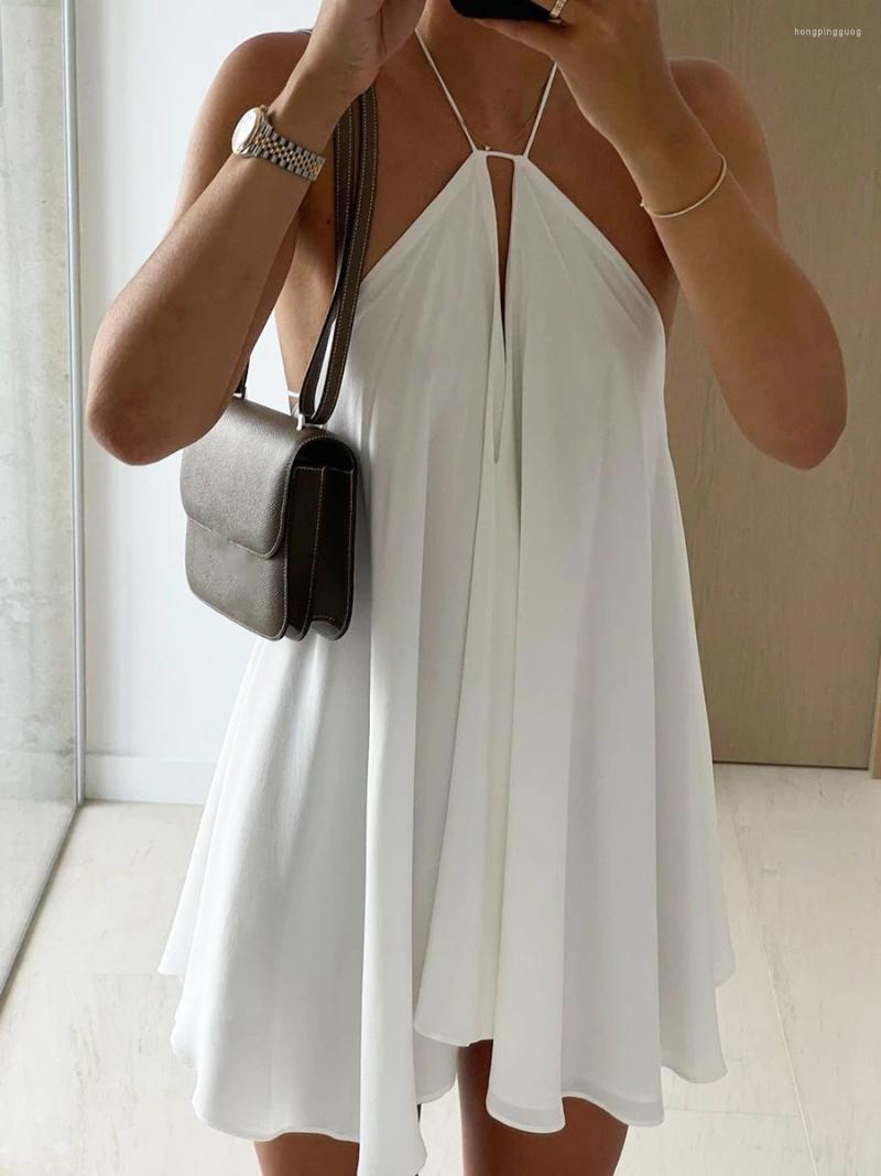 Women's Halter Neck Ruffle Mini Dress: Strapless Tie Back Hollow Out Beach Sundress