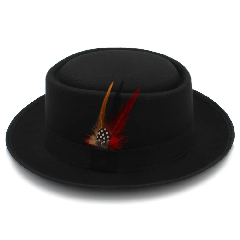 Wide Brim Hats Bucket Hats Fashion Men Pork Pie Hat Dad Wool Flat Fedora Hat Gentleman Gambler Panama Trilby Hat With Fashion Feather Size 58CM 231127