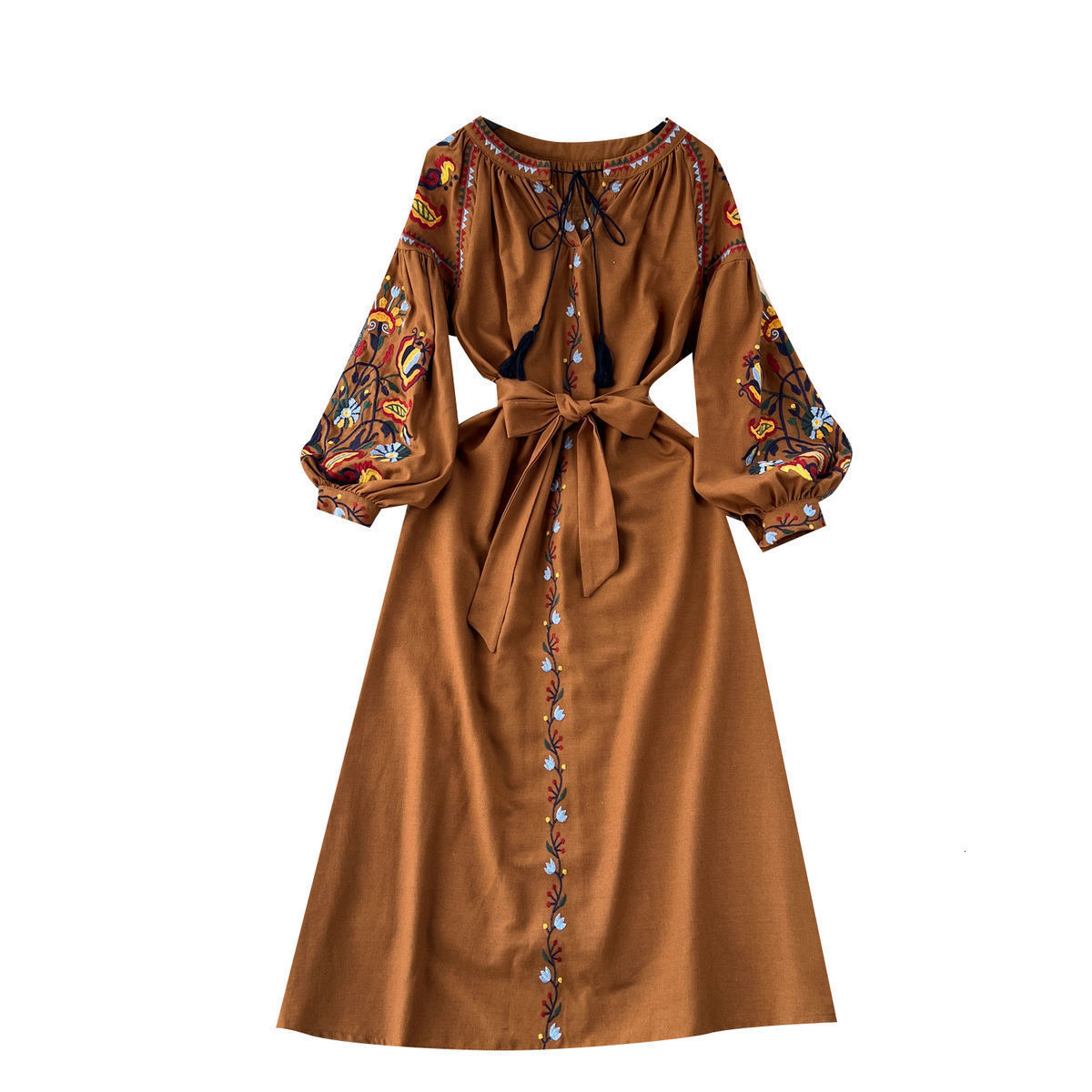 Ladies Fashion Resort Small Stand Collar Floral Embroidery Long Sleeve Loose Belt Sweet Elegant Woman Black Party Maxi Dress 4XL 211029