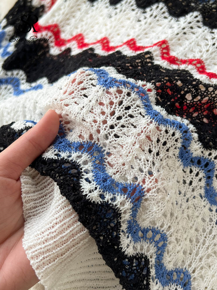 Two Piece Dress SINGREINY Summer Beach Knitted Two Pieces Suits Loose T ShirtLong Skirt Sets High Street Elastic Waist Striped Casual Sets 230428