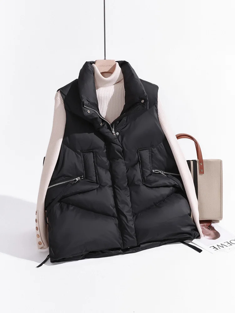 Womens Vests Janveny Womens Puffer Down Vest Loose Feather Waistcoat 90% Duck Down Thick Gilet Female Zipper Sleeveless Korean Style 231129