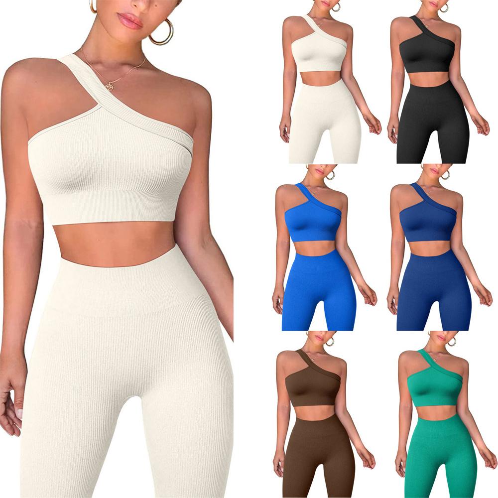 

Pants Women' Twopiece Leggings Set Ribbed Sleeveless Crop Vest Tops Wrapped Knitting Long Pants Track Suites Yoga Exercise Clothing, Beige