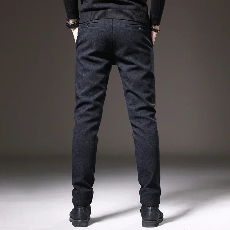 Men's Pants Autumn Winter Brushed Fabric Casual Pants Men Thick Business Work Slim Cotton Black Grey Trousers Male Size 38 231129