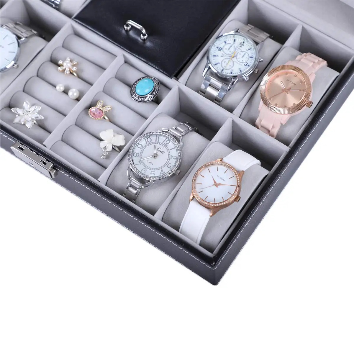 Watch Boxes Cases Lnofxas Watch Box 8 Jewelry Box Watch Display Case Organizer Jewelry Trey Storage Box Black PU Leather with Mirror and Lock 231128