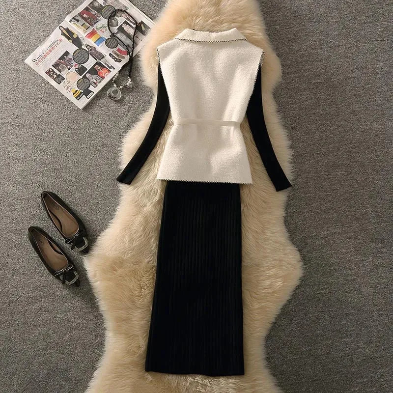 Two Piece Dress Elegant half high necked sweatersleeveless vesthigh waisted ski knit 3piece womens office wear 231129
