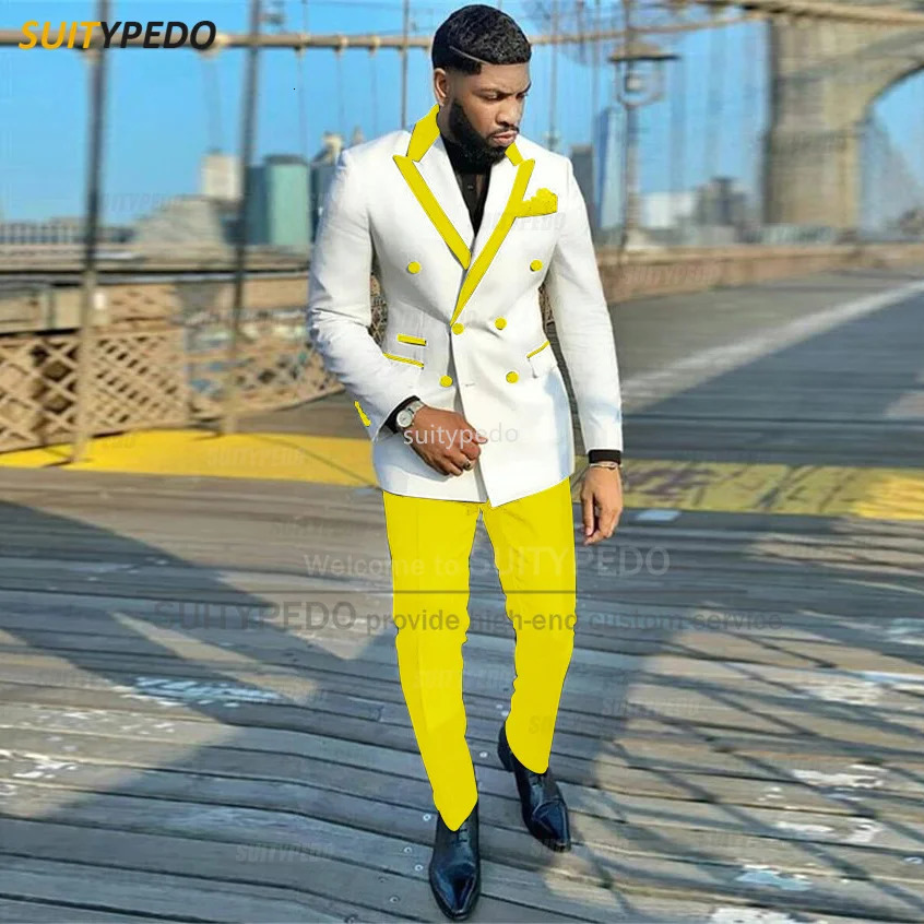 Men's Suits Blazers Fashion White Men Slim Fit Double Breasted Blazer Pants 2 Pieces Tailormade y Business Party Wedding Tuxedos for 231128