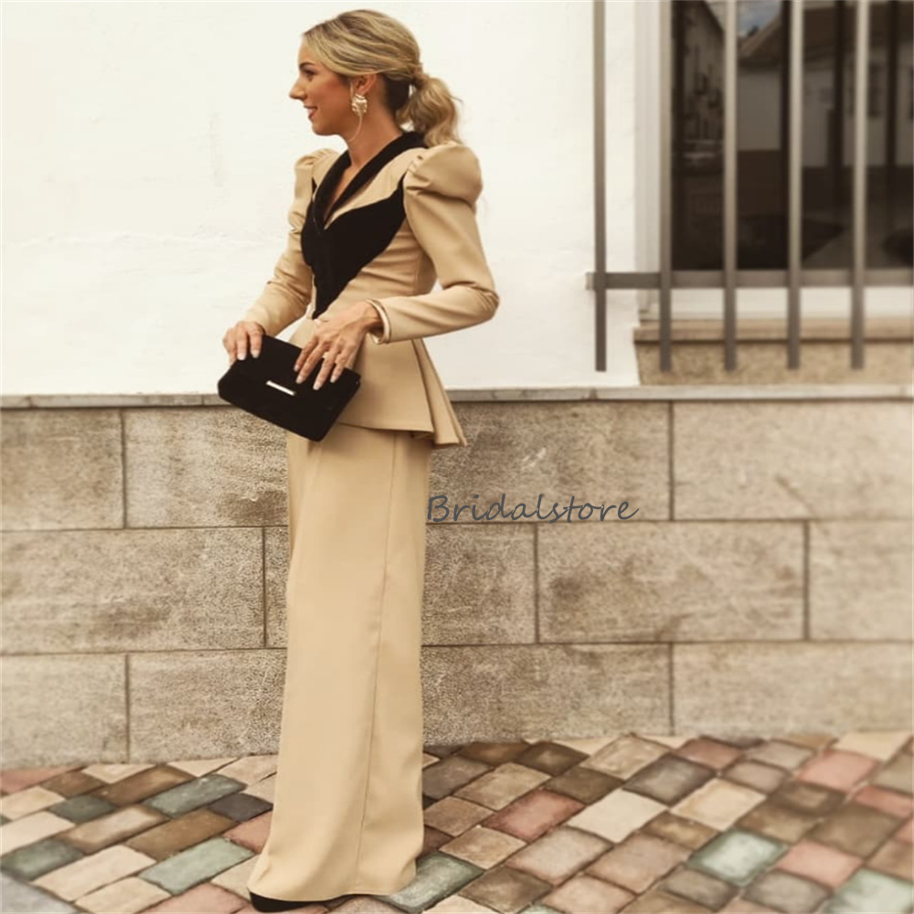 Chic Champagne Jumpsuit Prom Dress Two Pieces Velvet V Neck Long Sleeve Satin Women Blazer Suit 2023 Office Causal Pant Evening Formal Occasion Vestid