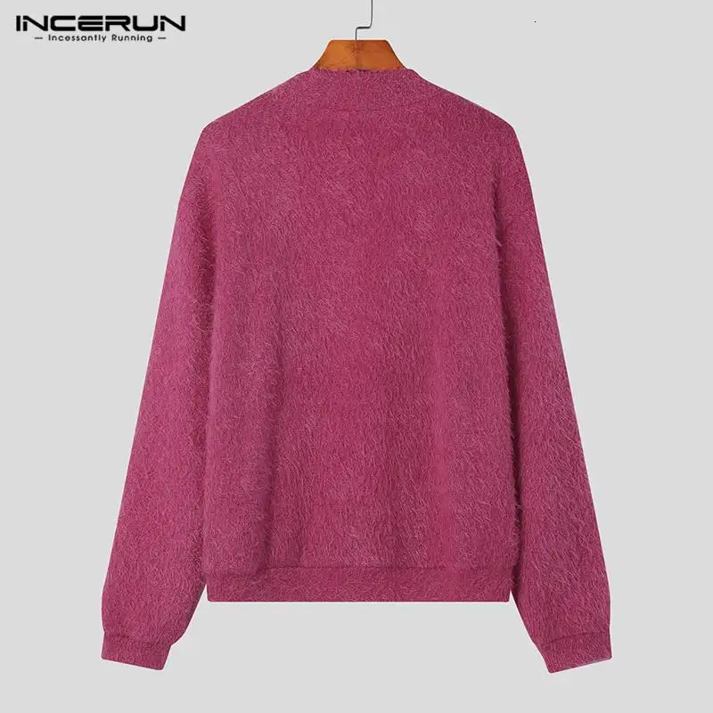 Men's Sweaters Fashion Well Fitting Tops INCERUN Plush Fabric Deep Vneck Pullovers Party Show Solid Long Sleeved Sweater S5XL 2023 231128