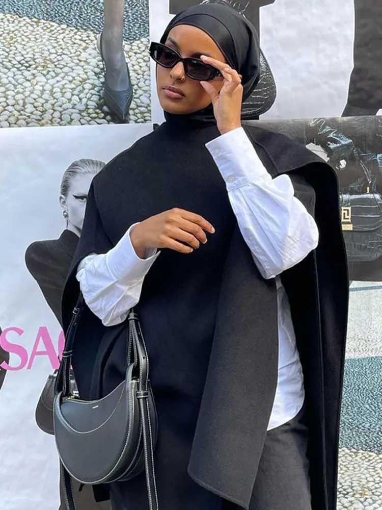 Women s Jackets Elegant Wool Blends Cape Jacket For Women Chic Oneck Loose Trench Coat With Scarf 2023 Autumn Winter Female Streetwear 231129