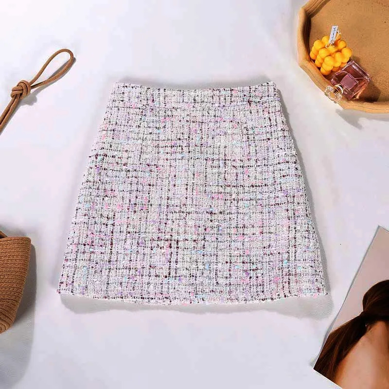 Skirts Women Tweed Skirt Spring Autumn High Waist Slim A-line Double-breasted Mini Skirt Elegant Korean White Black Skirts 231129