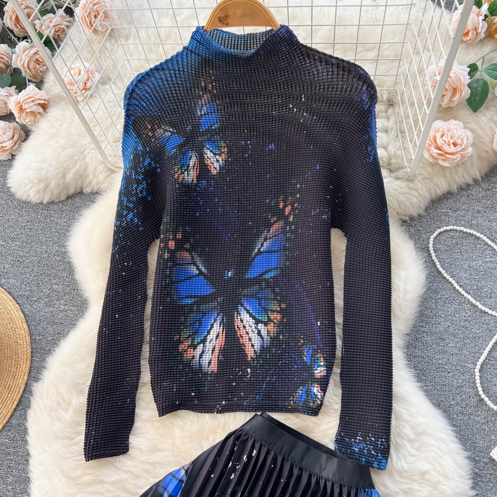 Two Piece Dress Autumn Butterfly Print Stretch Two Pieces Set Women Turtleneck Long Sleeve Pullover Top + Elastic Waist Pleated Midi Skirt Suit 2024