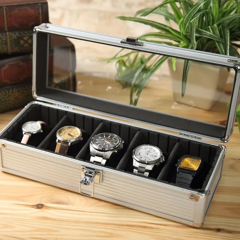Watch Boxes Cases Safe Box Watch Box Organizer Black Transparent Aluminum Alloy Case Metal Storage Watch Boxes With Pillow Display Fall Prevention 231