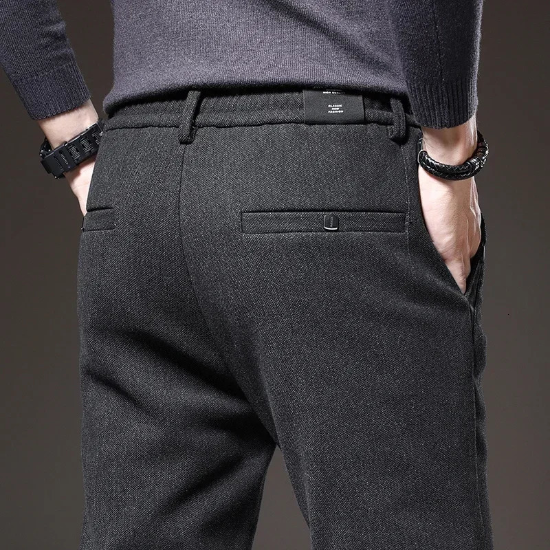 Men's Pants Autumn Winter Brushed Fabric Casual Pants Men Thick Business Work Slim Cotton Black Grey Trousers Male Size 38 231129