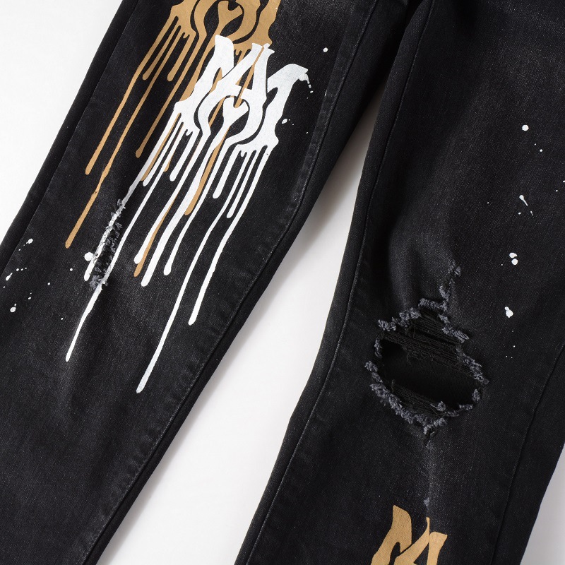 Fashion black men high street ripped skinny zipper fly amiryes spray paint dazzle letters jean
