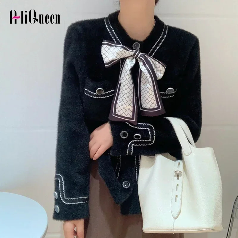 Womens Jackets Solf Mink Plush Sweater Cardigan Korean Elegant Bow Pockets Black Knitted Mujer Fall Winter Clothes Streetwear 231129