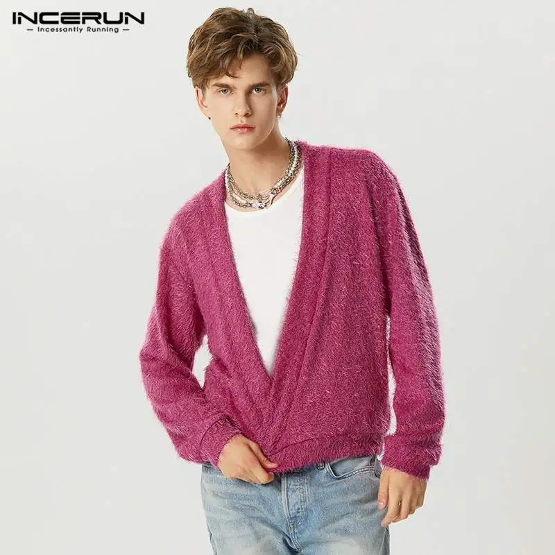 Men's Sweaters Fashion Well Fitting Tops INCERUN Plush Fabric Deep Vneck Pullovers Party Show Solid Long Sleeved Sweater S5XL 2023 231128