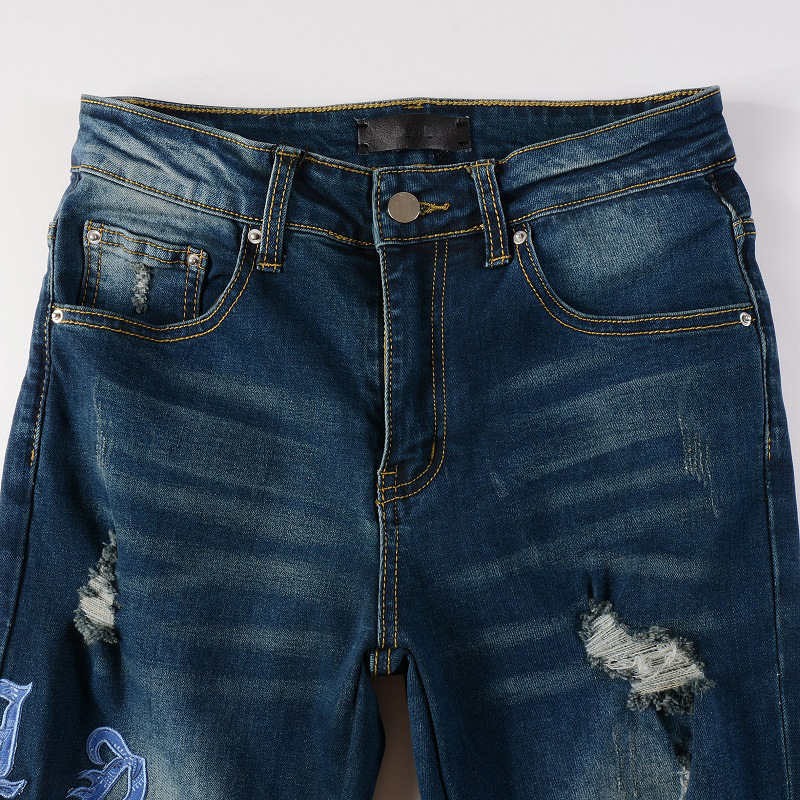 Fashion dark blue hole patch amiryes letter embroidery zipper fly slim jean men