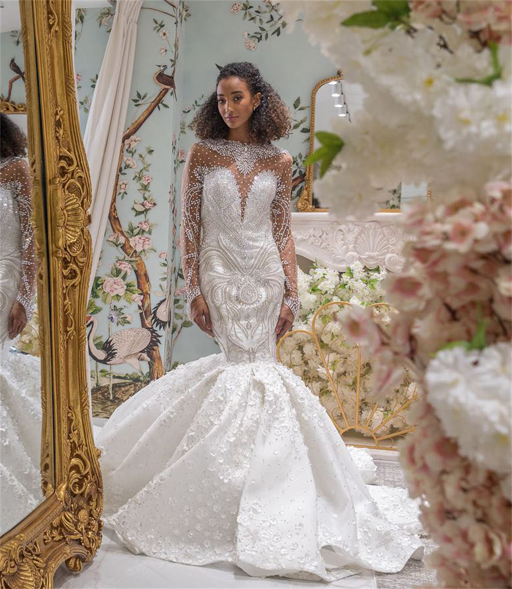 Exquisite Crystal Beading Mermaid Wedding Dress Elegant O Neck Full Sleeve Arabic Trumpet Bridal Gowns Robe De Soiree