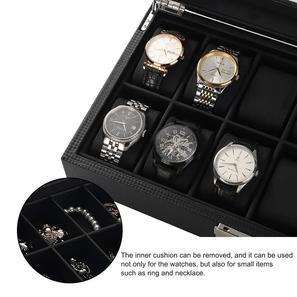Watch Boxes Cases Watch Box 12/10/6 Slot Watch Box Organizer for Men Watch Display Case with Glass Topped for Gift Business Carbon Fiber Leather 23112