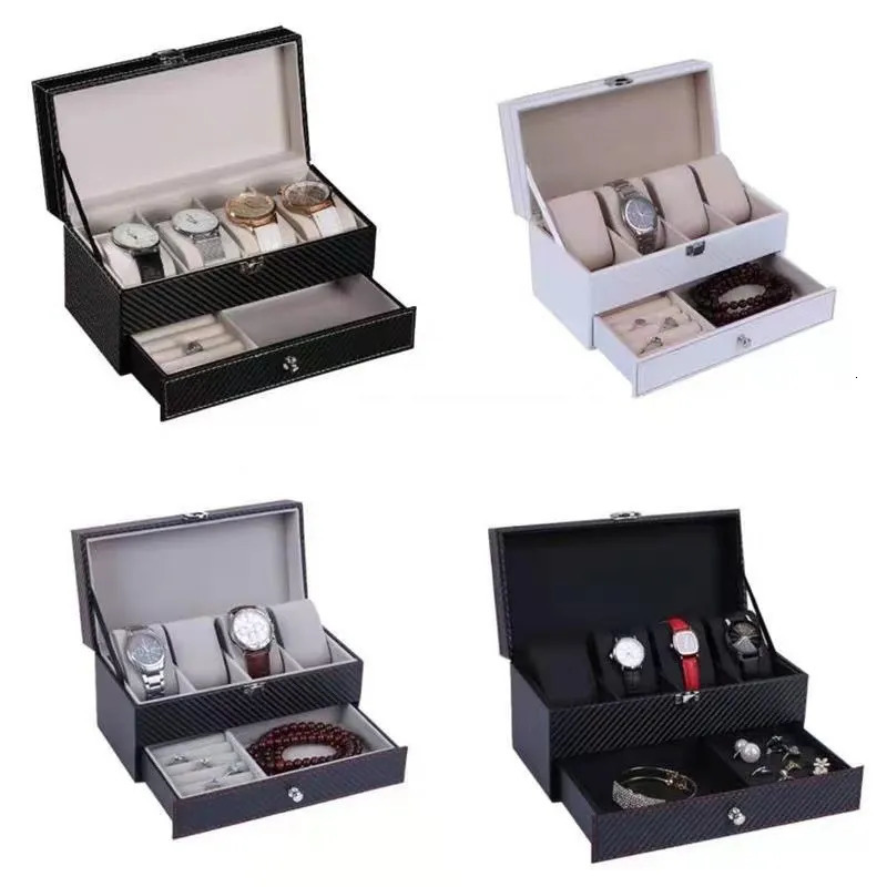 Watch Boxes Cases 4Grids Double Carbon Fiber Watch Case/ 6Girds Watch Box Holder Organizer Storage Box for Quartz Jewelry Boxes Display Gift 231128