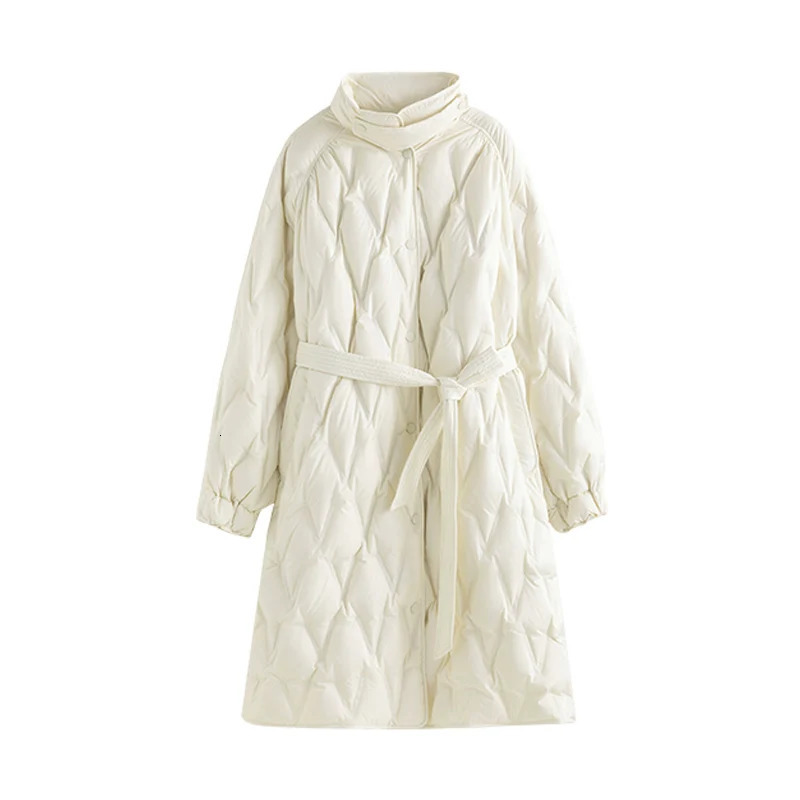 Womens Down Parkas Long white duck down jacket for women in winter fashion trend with pressure glue and waistband showing a slimmin 231129