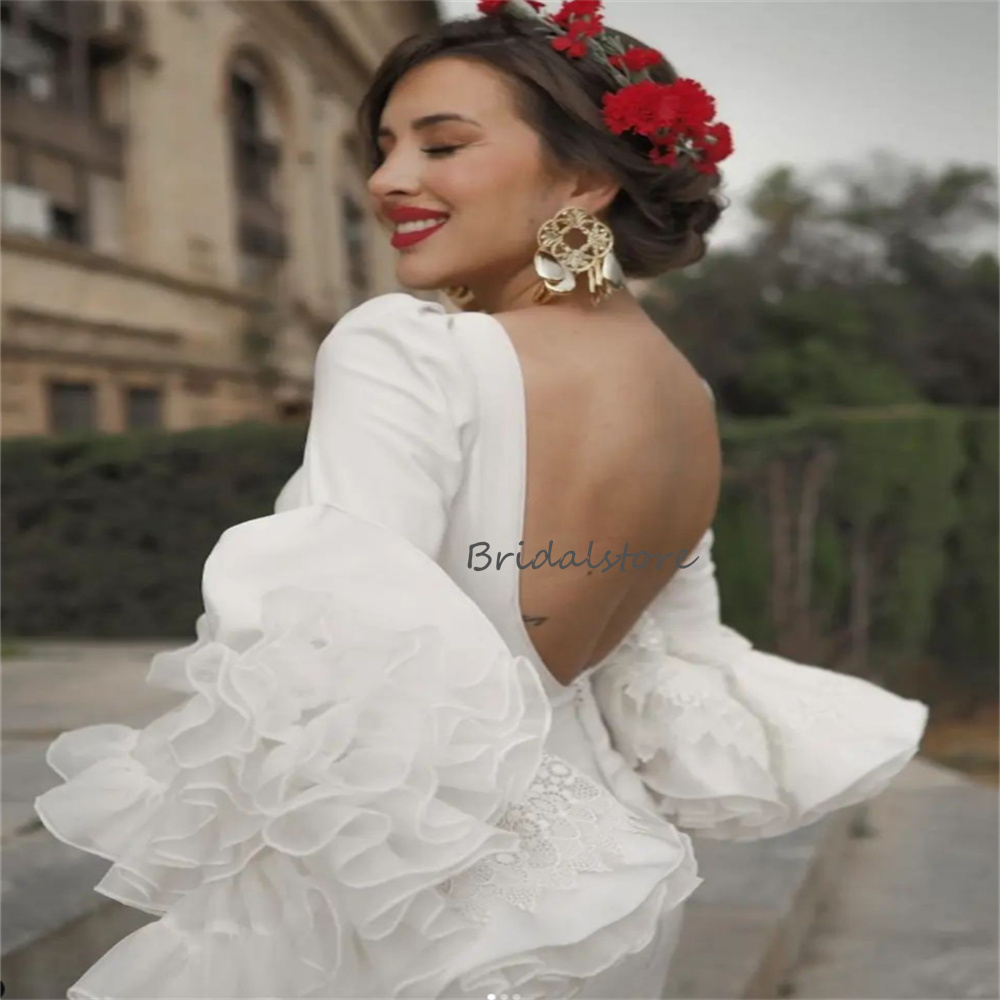 Luxury Flamenco Wedding Dress 2023 Flare Ruffles Mermaid Long Sleeve Boho Wedding Dresses V Neck Backless Formal Bridal Spanish Vintage Vestido De Nov