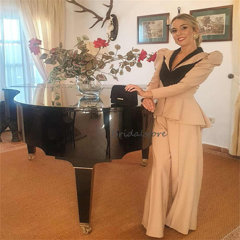 Chic Champagne Jumpsuit Prom Dress Two Pieces Velvet V Neck Long Sleeve Satin Women Blazer Suit 2023 Office Causal Pant Evening Formal Occasion Vestid