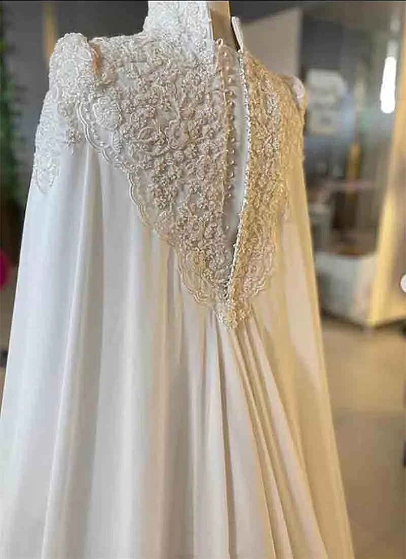 Elegant Arabic Muslim A Line Wedding Dresses With Cape Wrap 2024 Lace Appliques Long Sleeves High Neck Chiffon Women Wedding Gown Modest Dubai White V